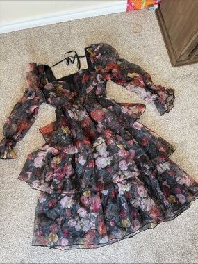 Sheer Black Floral Tiered Midi Dress with Puff Sleeves